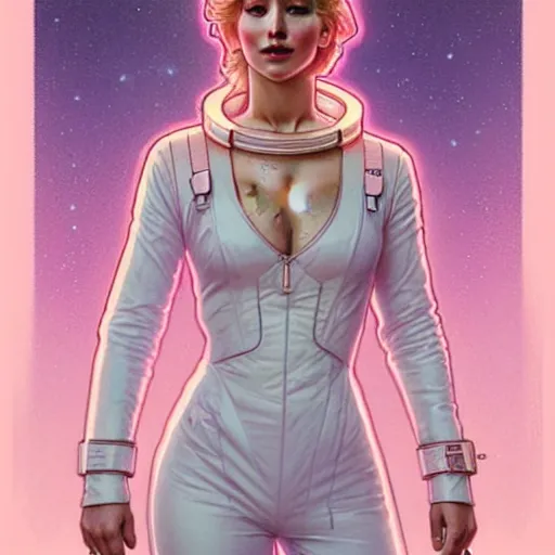 Prompt: Portrait of Jennifer Lawrence in pastel pink spacesuit by artgerm and greg rutkowski and alphonse mucha