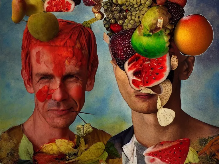 Prompt: a pseudo, metaphoric painting of a man with fruit on his head by jonathan solter, featured on reddit, assemblage, mixed media, strange, stunning