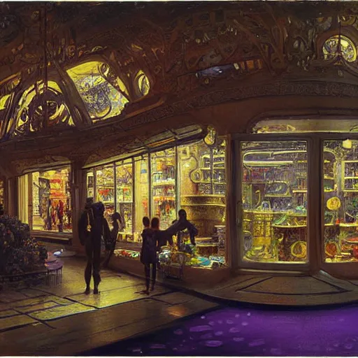 Prompt: detailed painting of syd mead artlilery scifi organic shaped shop with ornate metal work lands on a body of water, fossil ornaments, volumetric lights, purple sun, andreas achenbach