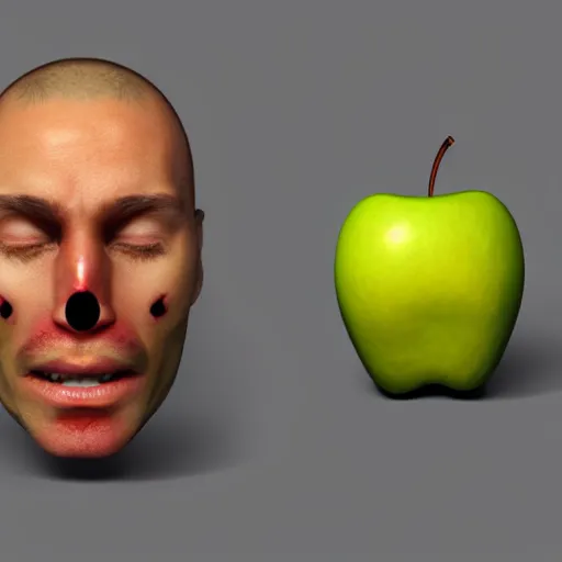 Image similar to a man's face is fused into an apple, artstation, cgsociety, 8 k
