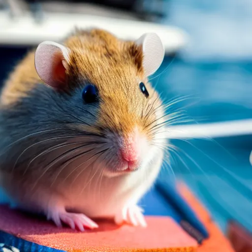 Prompt: a hamster wearing a cap and holding a marini in a boat in Hawaii, dslr photo, bokeh, sunny day