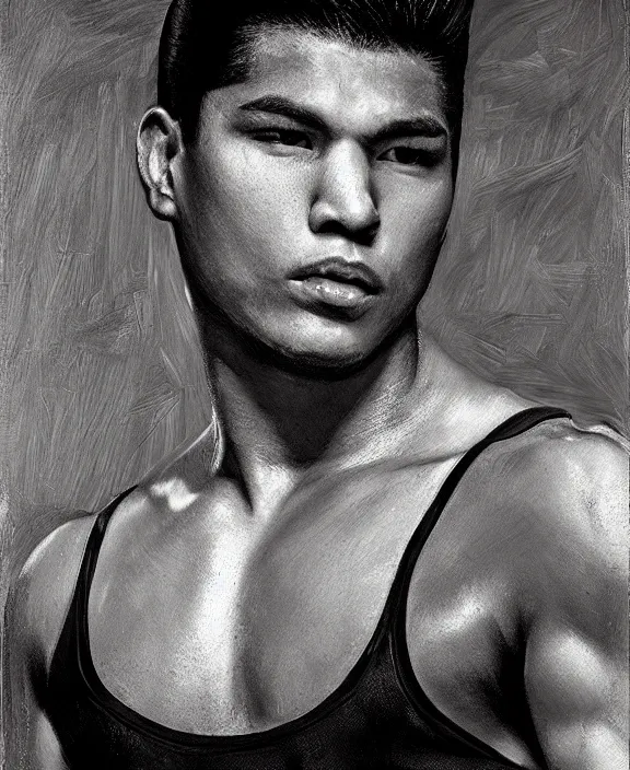 Image similar to portrait of a handsome young tejano wrestler, art by denys tsiperko and bogdan rezunenko, hyperrealism