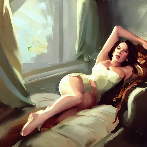 Image similar to portrait of kelly brook reclining on a couch greg manchess painting by sargent and leyendecker, studio ghibli, fantasy, medium shot, asymmetrical, intricate, elegant, matte painting, illustration, hearthstone, by greg rutkowski, by greg tocchini, by james gilleard, by joe fenton