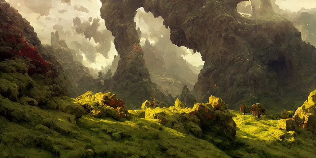 Prompt: huge cave ceiling clouds made of green earth towns, industry, villages castles, buildings inverted upsidedown mountain artstation illustration sharp focus sunlit vista painted by ruan jia raymond swanland lawrence alma tadema zdzislaw beksinski norman rockwell tom lovell alex malveda greg staples