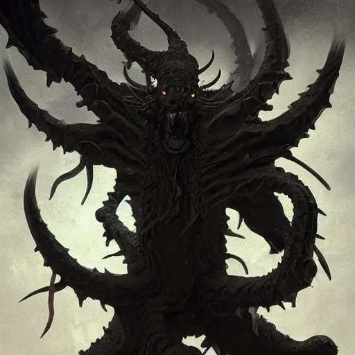 Prompt: four armed statue of a fractal demon of the moon ascending from hell, four arms, dramatic lighting, jagged, artstation, concept art, smooth, sharp focus, illustration, art by greg rutkowski