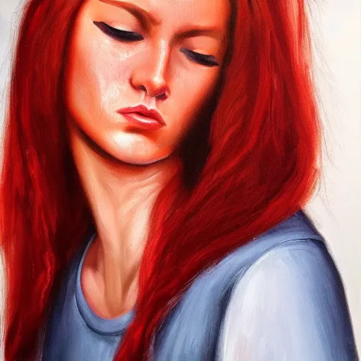 Image similar to hyperrealism oil painting of crying redhead fashion model portrait