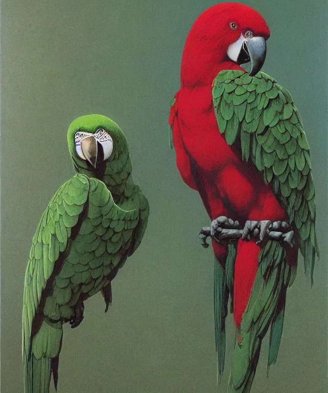 Image similar to beautiful emerald green parrot with red aura and eyes, by zdzisław beksinski, by gustave dore