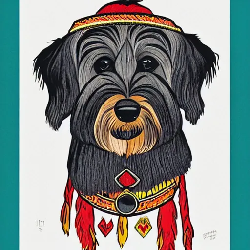 Image similar to tlingit haida lithographic, havanese dog,, simple colors, lithograph print by tristan - wolf reg davidson clifton guthrie maynard johnny jr. trending on society 6