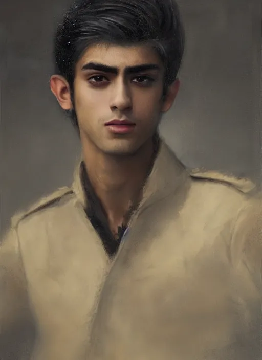 Prompt: head and shoulders portrait painting of young man who looks like zayn malik as an elf by jeremy mann, wearing leather napoleonic military style jacket, only one head single portrait, pointy ears, dark background, soft top lighting