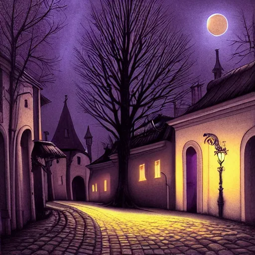 Prompt: in the style of gerald brom, caravaggio, beautiful small town, houses and buildings, 1 8 0 0 s, cobblestone roads, low light, purple and blue skies, low moon, trees, forest in the distance, light mist