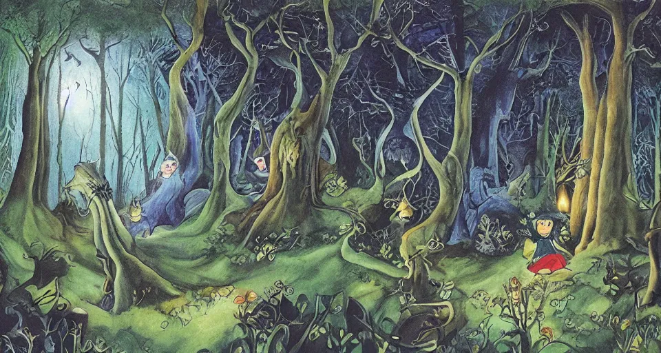 Prompt: Enchanted and magic forest, by Raymond Briggs