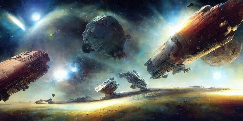 Prompt: the collision of two dreadnaught starfreighters in an asteroid belt, by ryohei hase, by john berkey, by jakub rozalski, by john martin,