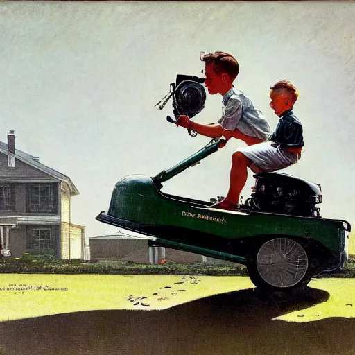 Prompt: a Norman Rockwell painting of a boy driving a hover-car