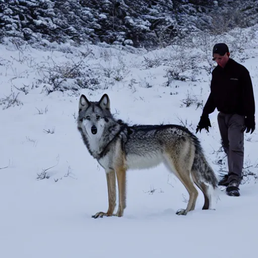 Prompt: grey wolf in snowy area hunting with the pack