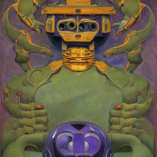 Image similar to ornate robot cat, by annie swynnerton and diego rivera and nicholas roerich and jean delville, symbolist, dramatic lighting, elaborate geometric ornament, art brut, colors are soft greens and blues and purple, smooth, sharp focus, extremely detailed, adolf wolfli and ( donato giancola )