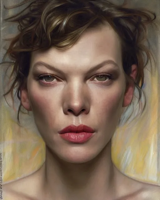 Prompt: portrait of a Milla Jovovich by Mandy Jurgens and Richard Schmid and chuck close and mucha