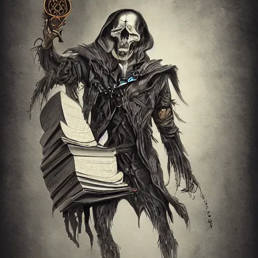 Prompt: A Dark art illustration of undead sorcerer holding a big grimoire by Adam Duff, Ruby insets, chains, monstrous skull, 4k, trending on artstation, pinterest, pixiv