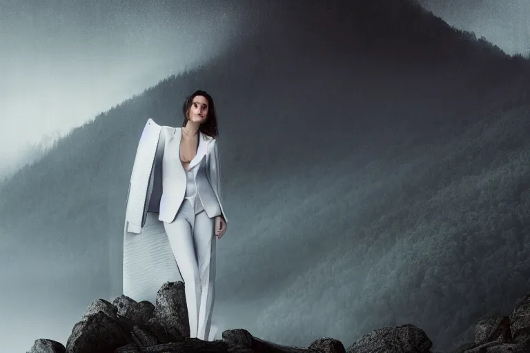 Image similar to a cinematic headshot portrait of a beautiful middle aged woman wearing futuristic white suit on the top of a mountain, overlooking a vast serene forest, large diffused light, neon light, 4 k, ultra realistic, dramatic lighting, rain, clouds, fog, vogue, fashion, glamour, magazine spread, by marco mazzoni and jessica rossier