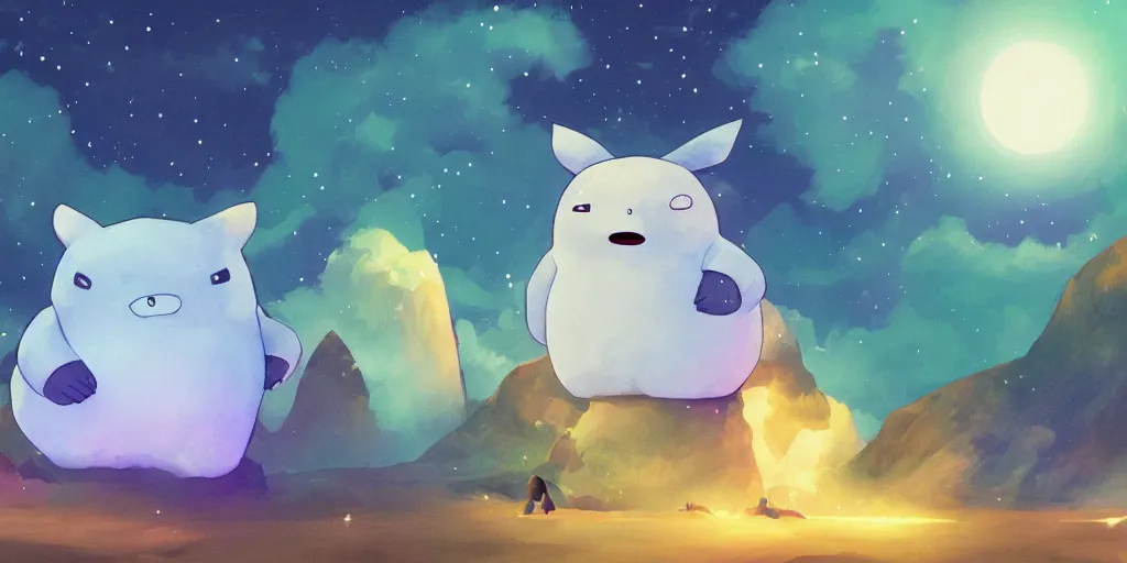 Image similar to giant glowing snorlax totoro, mountain landscape, night sky, digital art, digital painting, celestial, majestic, colorful