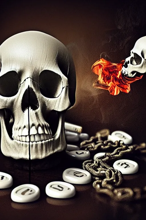 Image similar to pile Off pills, drugs, cigarrette boxes and a skull on a wooden table, skull made out of smoke coming out of pills, fantasy, intricate, elegant, highly detailed, digital painting, artstation, concept art, addiction, chains, smooth, sharp focus, illustration, art by Ilja Repin