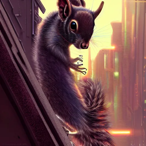 Image similar to a highly detailed long shot photo, cyberpunk mechanical squirrel, intricate, digital painting, artstation, intricate, concept art, smooth, sharp focus