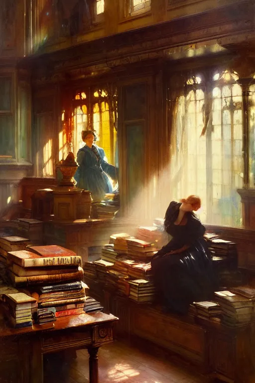 Image similar to soft colorsphotograph imax and solomon joseph solomon and richard schmid and jeremy lipking victorian loose genre loose painting book shop interior full of books disney