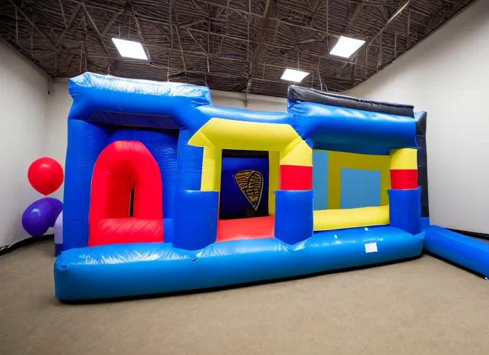 Image similar to photo still of a bounce house in prison!!!!!!!! at age 3 6 years old 3 6 years of age!!!!!!!! inmated jumping in it, 8 k, 8 5 mm f 1. 8, studio lighting, rim light, right side key light
