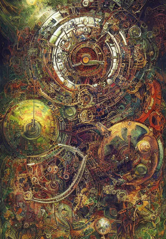 Image similar to simplicity, elegant, muscular eldritch clockwork, machinery, industry, radiating, colorful mandala, psychedelic, overgrown garden environment, by ryan stegman and esao andrews and maria sibylla merian eugene delacroix, gustave dore, thomas moran, pop art, street art, graffiti, saturated