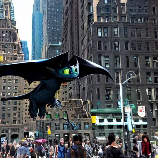 Image similar to toothless from how to train your dragon flying in new york city