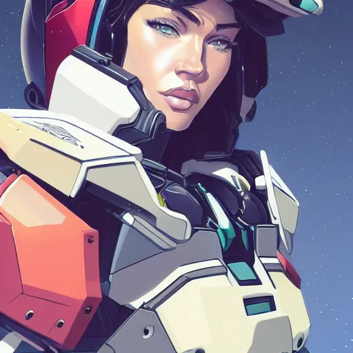 Image similar to a portrait of a stunning beautiful elite megan fox gundam pilot, with an intricate, detailed, urban inspired hiphop afro futuristic helmet, vector behance hd jesper ejsing, rhads, makoto shinkai, lois van baarle, ilya kuvshinov, rossdraws, hd, 3 2 k, ilya kuvshinov, gustav klimt