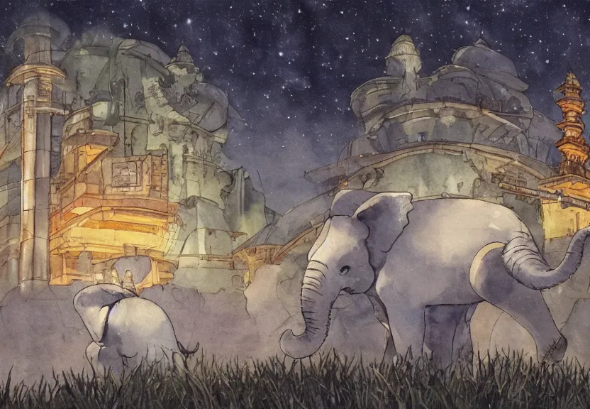 Image similar to a hyperrealist watercolor concept art from a studio ghibli film showing a giant grey dumbo the elephant. a temple is under construction in the background in india on a misty and starry night. by studio ghibli. very dull muted colors