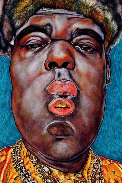 Image similar to a portrait of biggie smalls wearing boho - chic style clothes, with a fur muffler, full body!!, realistic painting in egon schiele style, masterpiece, hyperdetailed, complex, intricate, 4 k, trending on artstation