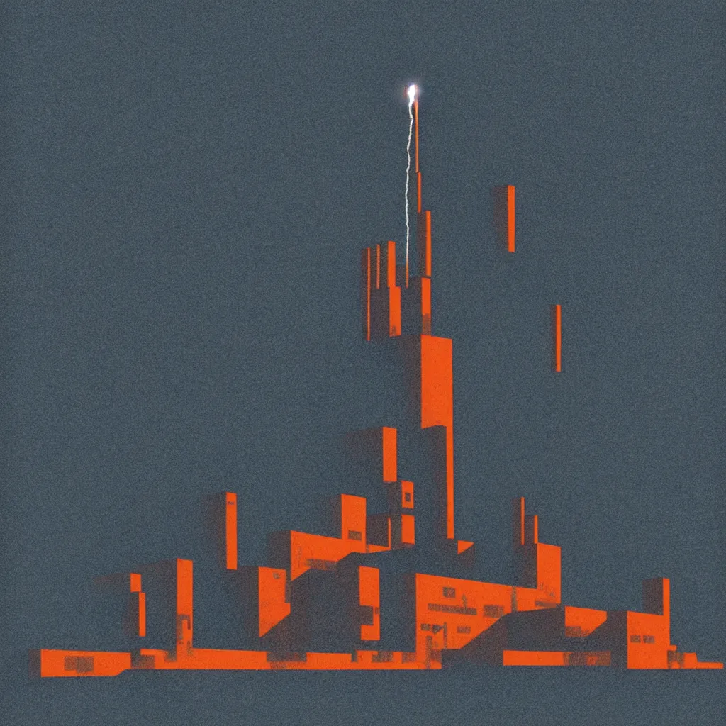 Prompt: rocket launch through clouds, mads berg, karolis strautniekas, film noir, stippled light, dramatic lighting, editorial illustration, detailed, fine texture, matte print, art deco, brutalism, dark blue + dark orange, red, black, ( ( habitat 6 7 background ) )