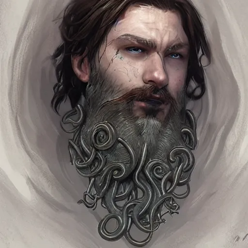 Prompt: A portrait of a cleric of Cthulu with short dark hair and a trimmed beard, he wears a cubic sandstone pendant around his neck, as dark magic emanates from his necklace tentacles spur from the water, digital art by Ruan Jia