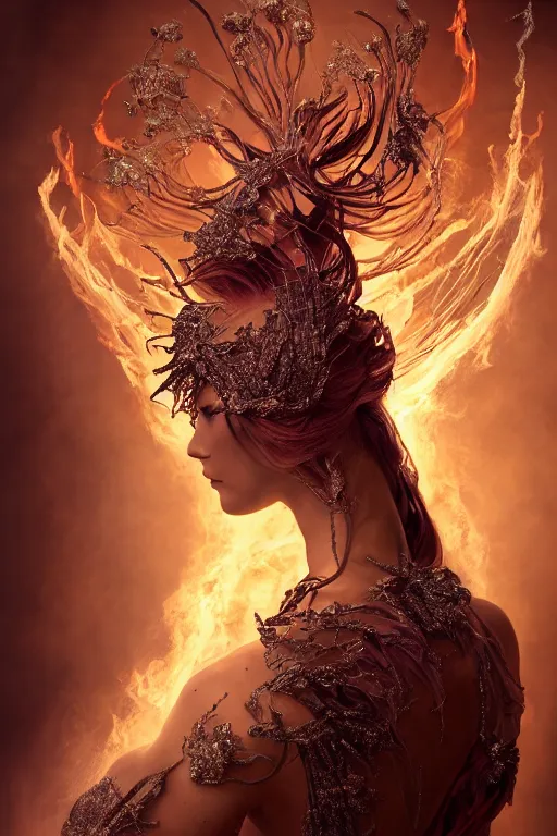 Prompt: photography of bill brauer, model wearing exploding fire crystal dress, sorcerer, diamonds, angel, fantasy, dramatic lighting, highly detailed, digital painting, holding electricity, magic the gathering, hyper detailed, 3 d render, hyper realistic detailed portrait, art by artgerm and greg rutkowski and alphonse mucha