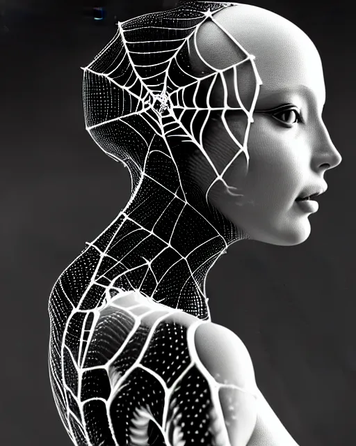 Image similar to black and white cyborg-plant goddess high quality photo, artificial intelligence, bio-mechanical bio-luminescence, artificial complex spider web, neurons, nerve cells, octane render, cinematic, rim light, hyper realism, photo-realistic, high detail, 8k, in the style of Steven Meisel and Dora Maar and H.G. Giger