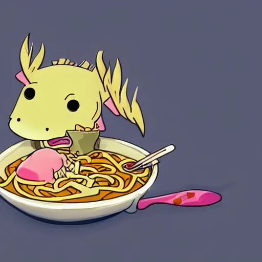 Prompt: cute cartoon axolotl eating ramen, colorful, artstation hd