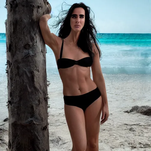 Prompt: Full Body Portrait Photography of young jennifer connelly poses in 2 Piece Mini Micro Push Up Swimsuits at summer beach, confident pose, fierce expression, intricate details, detailed face, detailed illustration, impressive lighting, symmetrical features, ultra detailed, Fuji Film x100t Camera, 12 megapixels