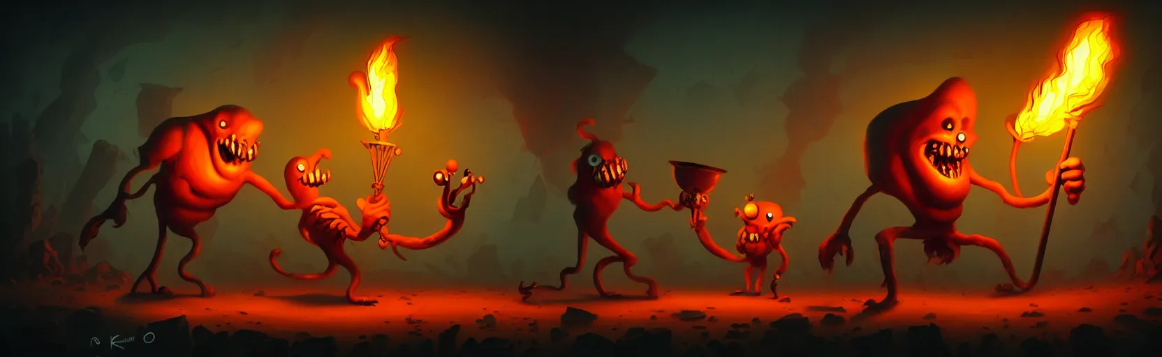 Image similar to wild whimsical mutants from the depths of a wasteland deep in the imaginal realm, dramatic lighting from fiery torches, surreal fleischer cartoon characters, shallow dof, surreal painting by ronny khalil