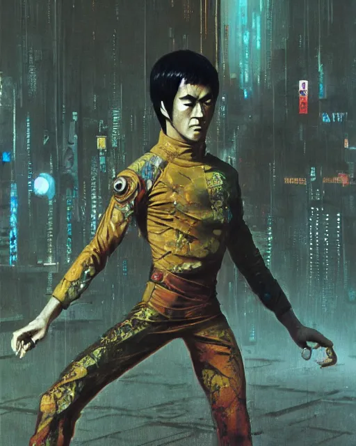 Image similar to bruce lee as a cyberpunk samurai, retrofuturism sci - fi old movie, highly detailed, photorealistic, 8 k, by beksinski and stalenhag