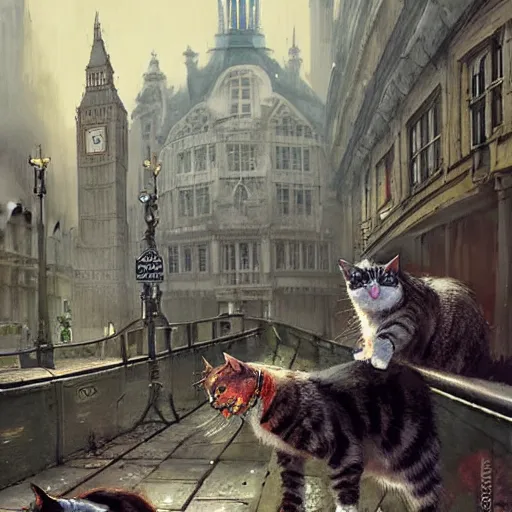 Image similar to cat zombies in london by geog darrow greg rutkowski