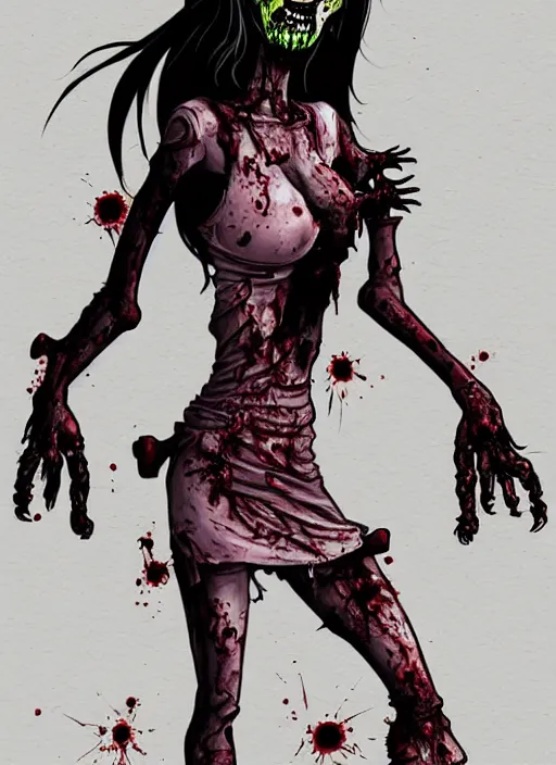 Prompt: zombie girl by matthieu cousin and wendy pini, pen and ink illustration, fine inking lines, flat colors, character design, concept art