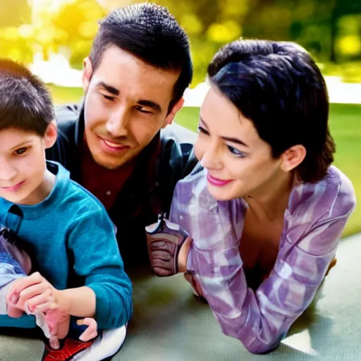 Prompt: a handsome young family with an advanced robotic young boy, scene from a future world where nanotechnology is ubiquitous