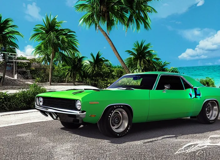 Image similar to hyperrealism, detailed textures, photorealistic 3 d render, a dreamy beach in cuba, a 1 9 7 0 hemi cuda with mopar green colour scheme, sharp focus, ultra realistic, ultra high pixel detail, cinematic, intricate, cinematic light, concept art, illustration, art station, unreal engine 8 k