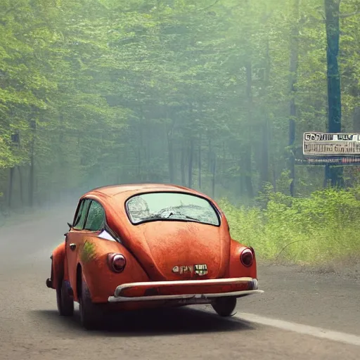 Prompt: promotional scifi - mystery movie scene of a ( volkswagen beatle ) and ladybug hybrid that's more ladybug. racing down a dusty back - road in smokey mountains tennessee. cinematic, 4 k, imax, 7 0 mm, teal autochrome, hdr