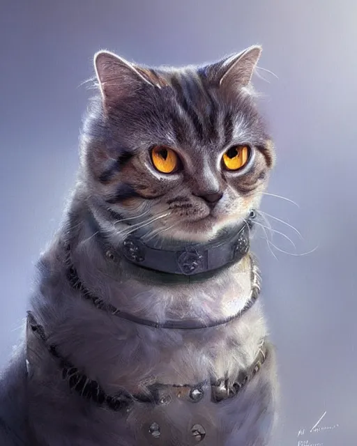 Prompt: scottish fold cat wearing a steelplated metal armour, portrait, illustration, rim light, top light, perfectly shaded, soft painting, art by ross tran, krenz cushart and wenjun lin