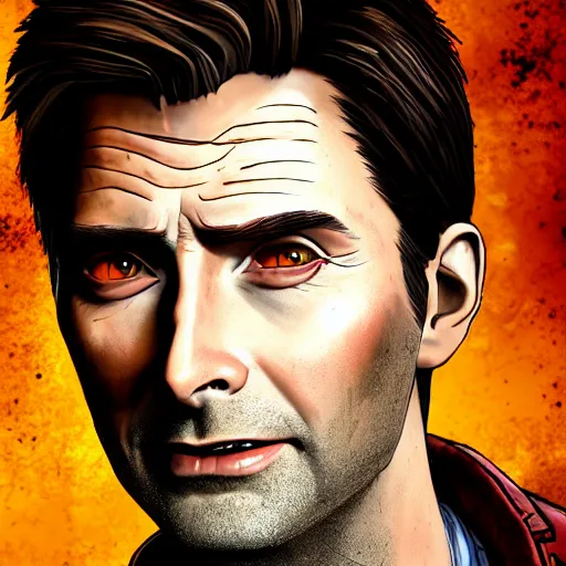 Image similar to david tennant portrait, borderlands, tales from the borderlands, the wolf among us, comic, cinematic lighting, studio quality, 8 k