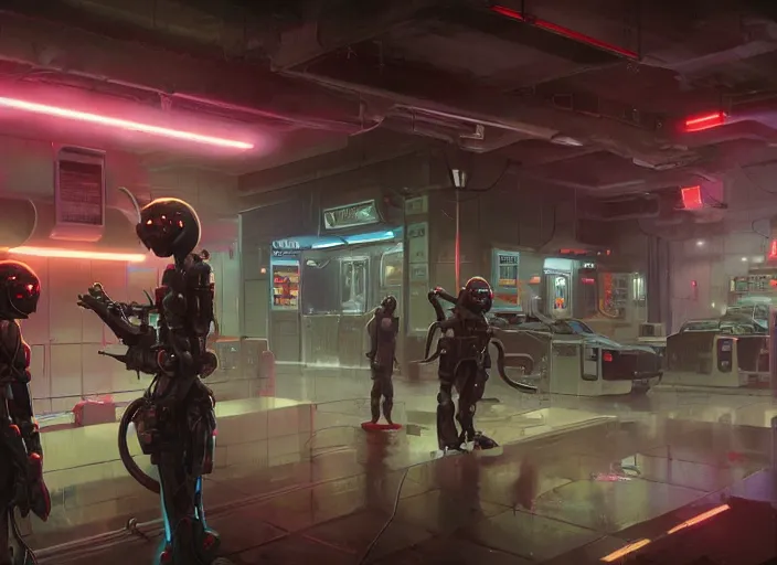 Prompt: Love death and robots, scene in a gas station with fluorescent lighting, epic science fiction horror digital matte painting by Moebius and Mark Brooks (and Greg Rutkowski), extremely detailed, artstation