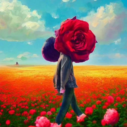 Image similar to giant rose as a head, girl walking in a flower field, surreal photography, sunrise dramatic light, impressionist painting, colorful clouds, digital painting, artstation, simon stalenhag