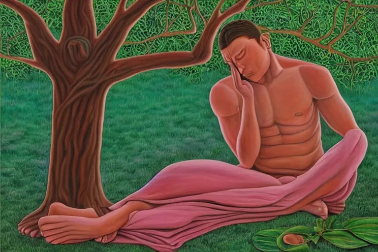Prompt: painting of a depressed man meditating under a tree by alex grey, acrylic art, sad, soothing, somber, elegant, soft light,